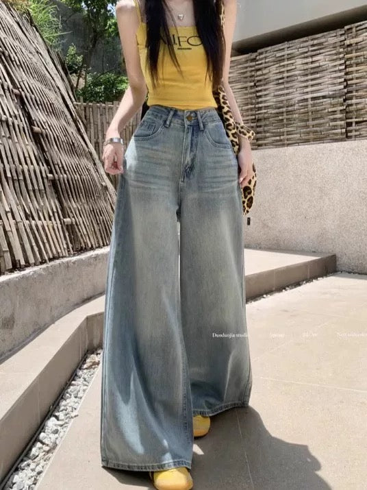 Kumikumi distressed vintage washed jeans floor-length pants for women spring drape high waist slimming loose wide-leg pants