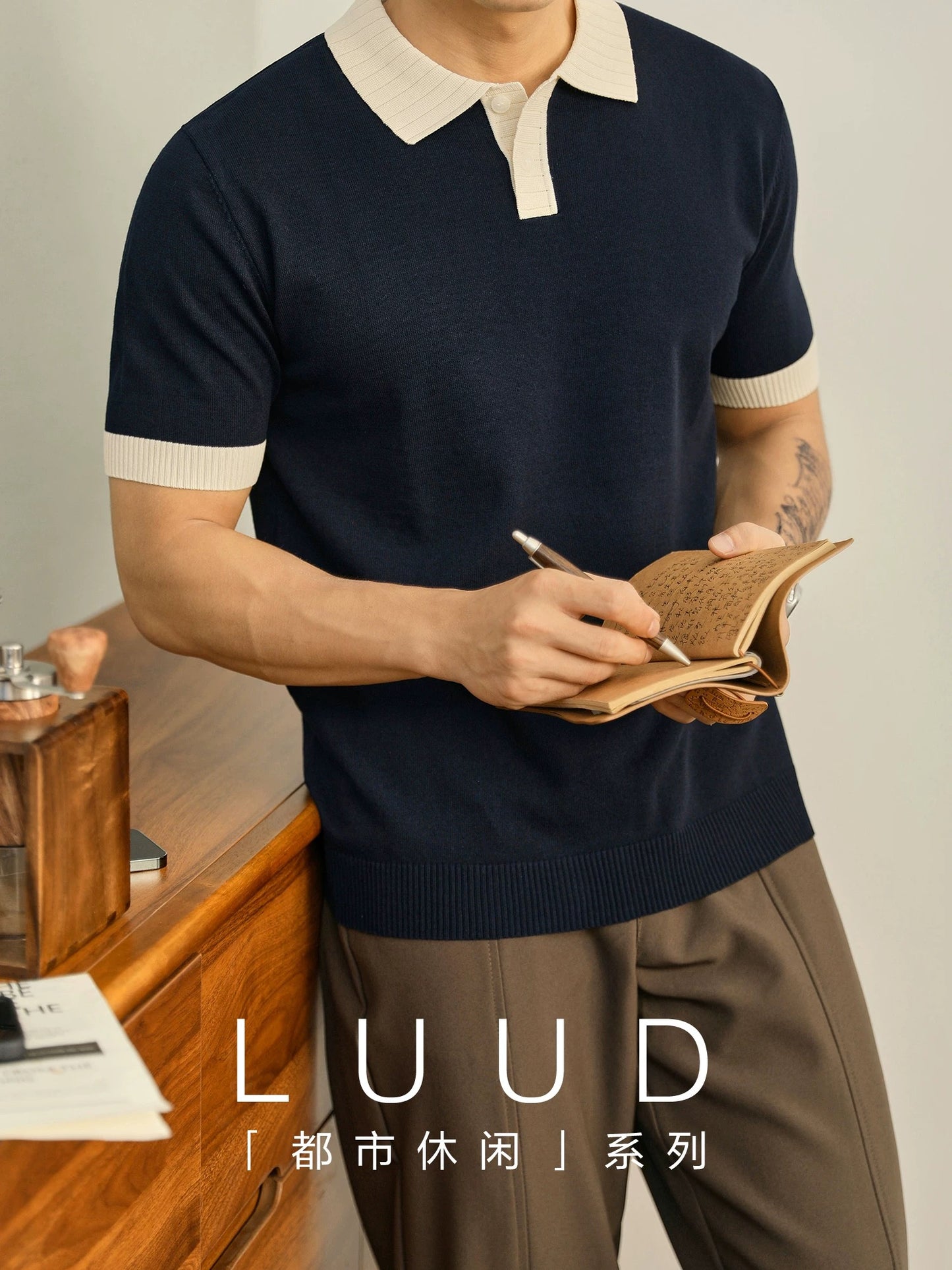 LUUD high-end luxury men's knitted POLO shirt summer contrast color jacquard lapel short-sleeved Paul top