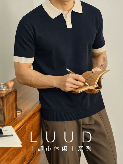 LUUD high-end luxury men's knitted POLO shirt summer contrast color jacquard lapel short-sleeved Paul top