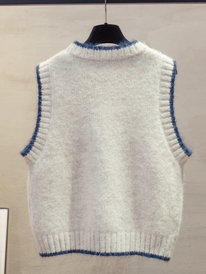 Color-blocked round neck knitted vest for women, 2025 autumn/winter new style, loose fit, suitable for layering over sweaters, trendy.