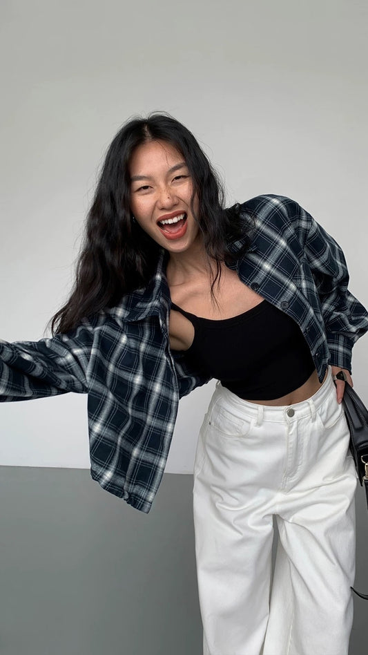 NEVA HU Plaid Long Sleeve Short Shirt Women's Design Niche 2024 New Loose Slim Shirt Jacket