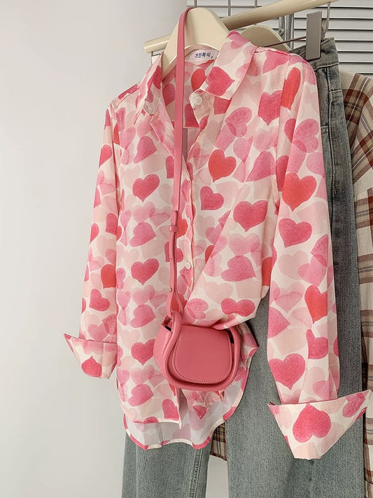Temperament sweet pink printed shirt women's high-end fashionable chiffon long-sleeved top spring and autumn 2024 new style