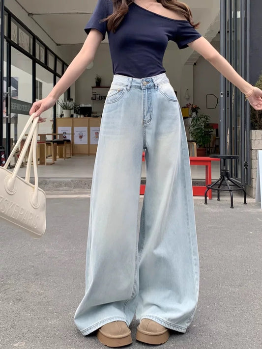 Kumikumi American retro new style washed old jeans women's spring high waist loose mopping pants wide leg pants