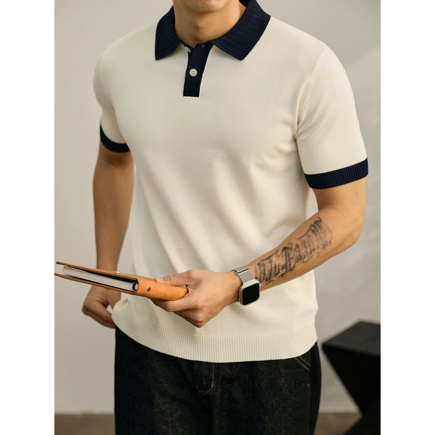 LUUD high-end luxury men's knitted POLO shirt summer contrast color jacquard lapel short-sleeved Paul top