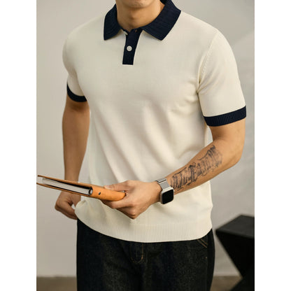 LUUD high-end luxury men's knitted POLO shirt summer contrast color jacquard lapel short-sleeved Paul top