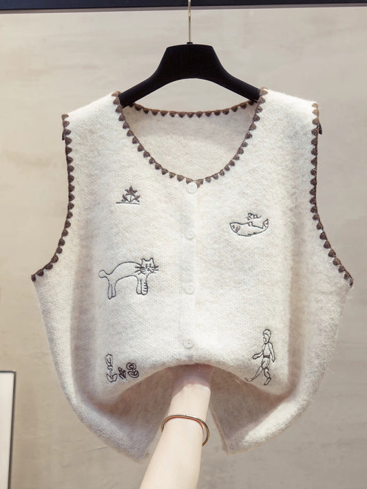Embroidered round neck knitted cardigan vest for women, 2025 autumn and winter new style, loose fit, outerwear, sweater, trendy.