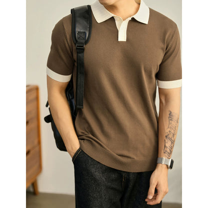 LUUD high-end luxury men's knitted POLO shirt summer contrast color jacquard lapel short-sleeved Paul top