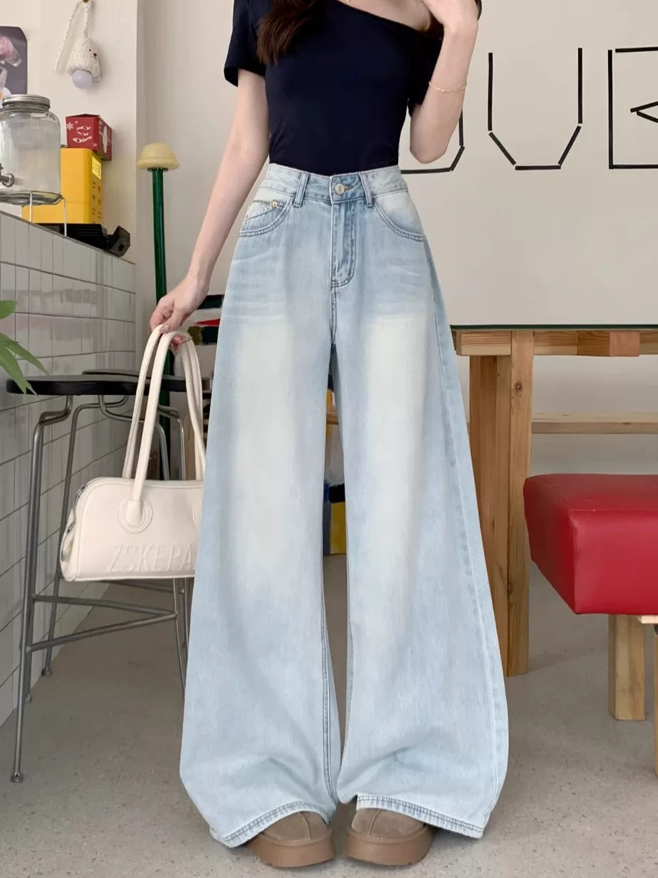 Kumikumi American retro new style washed old jeans women's spring high waist loose mopping pants wide leg pants