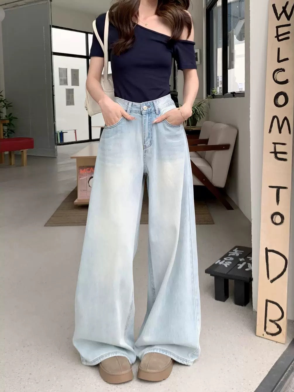 Kumikumi American retro new style washed old jeans women's spring high waist loose mopping pants wide leg pants