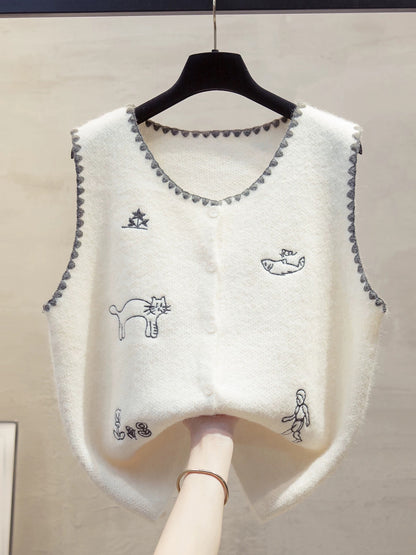 Embroidered round neck knitted cardigan vest for women, 2025 autumn and winter new style, loose fit, outerwear, sweater, trendy.