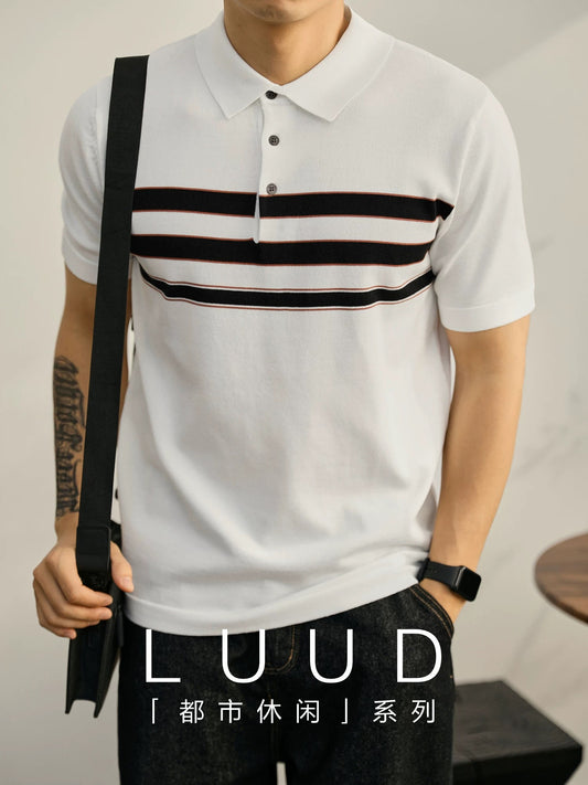 LUUD Gentleman's contrasting color striped POLO shirt summer breathable cool silk casual top lapel knitted short-sleeved men