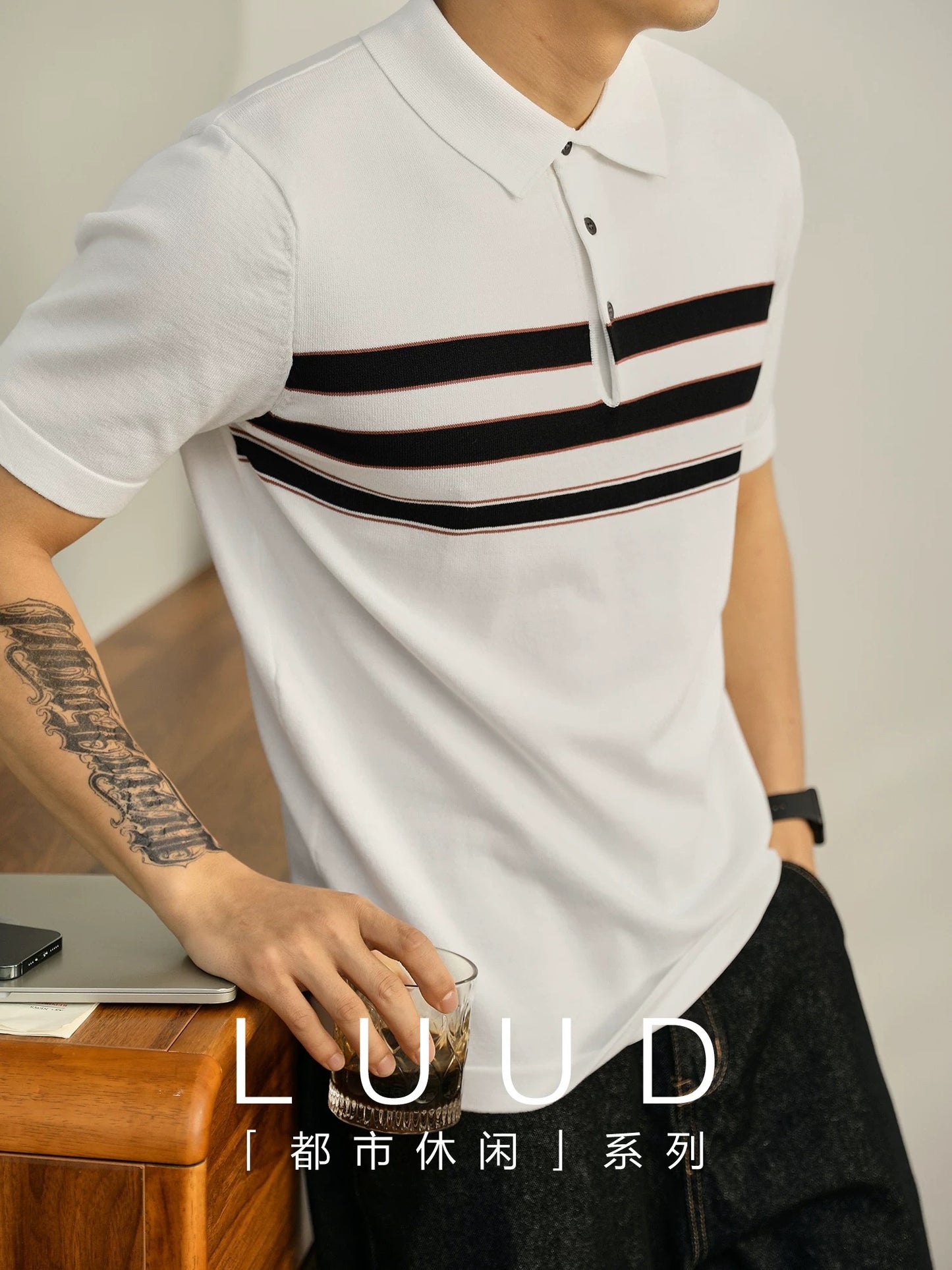 LUUD Gentleman's contrasting color striped POLO shirt summer breathable cool silk casual top lapel knitted short-sleeved men
