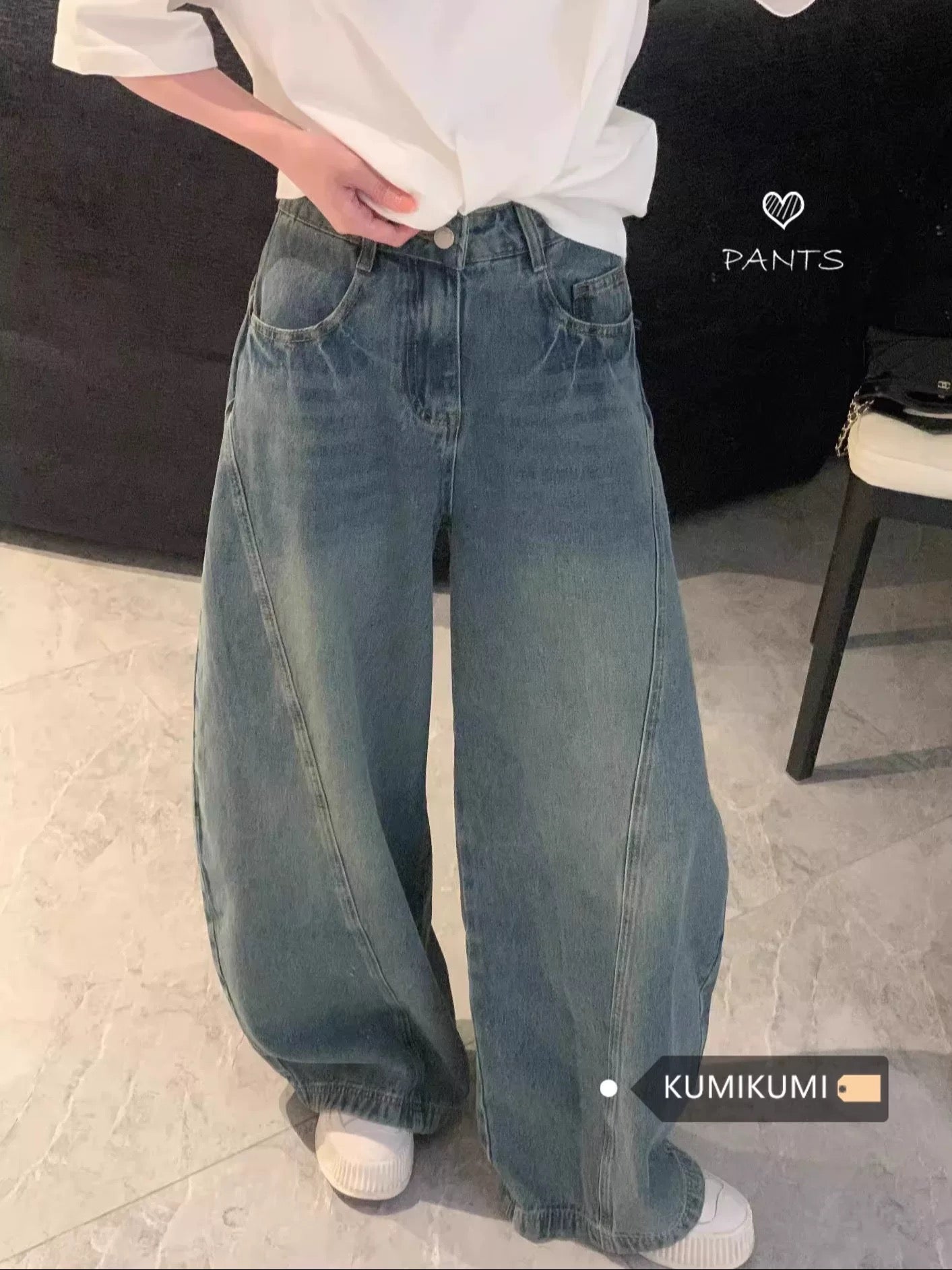American retro blue jeans trousers for women summer washed distressed loose wide-leg pants mopping pants straight pants