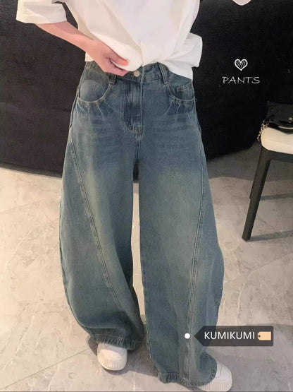 American retro blue jeans trousers for women summer washed distressed loose wide-leg pants mopping pants straight pants