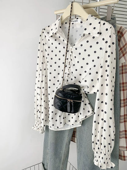 High-end V-neck polka dot print shirt, feminine, light and mature acetate satin long-sleeved top, spring and autumn retro shirt