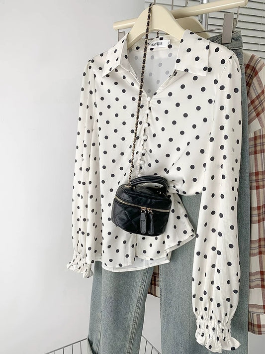 High-end V-neck polka dot print shirt, feminine, light and mature acetate satin long-sleeved top, spring and autumn retro shirt