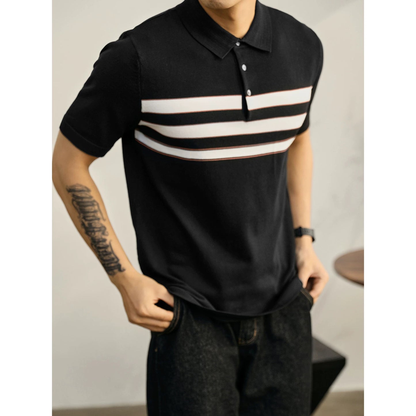 LUUD Gentleman's contrasting color striped POLO shirt summer breathable cool silk casual top lapel knitted short-sleeved men