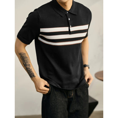 LUUD Gentleman's contrasting color striped POLO shirt summer breathable cool silk casual top lapel knitted short-sleeved men