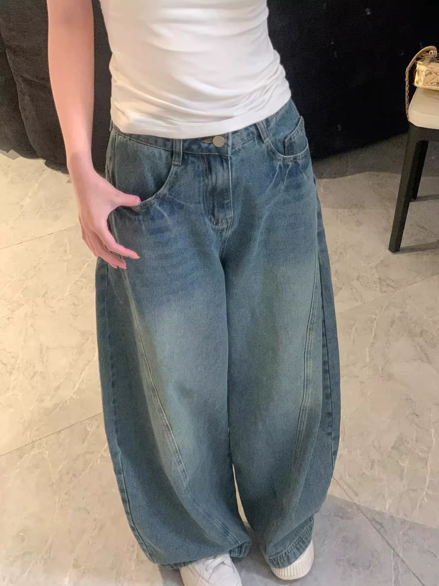 American retro blue jeans trousers for women summer washed distressed loose wide-leg pants mopping pants straight pants