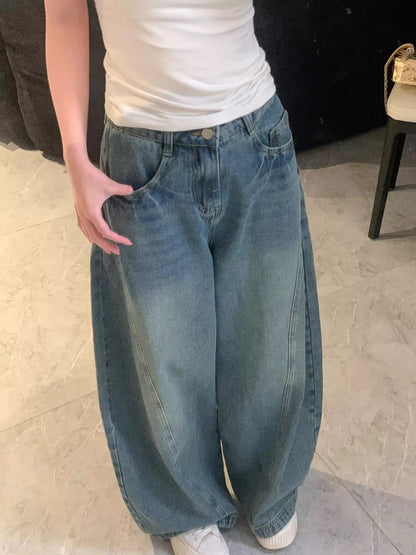 American retro blue jeans trousers for women summer washed distressed loose wide-leg pants mopping pants straight pants
