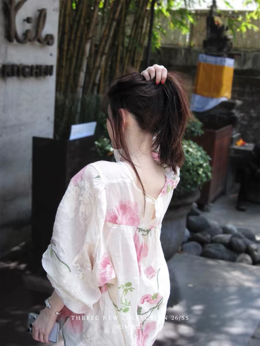 ThreeC "Peony" Heavy-Duty Embroidered Ramie Sunscreen Shirt for Women - Stylish Loose Fit