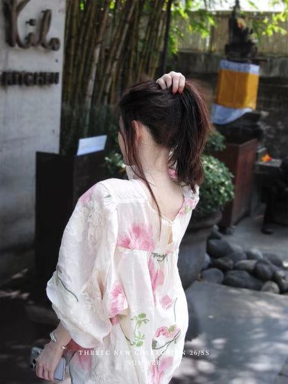 ThreeC "Peony" Heavy-Duty Embroidered Ramie Sunscreen Shirt for Women - Stylish Loose Fit