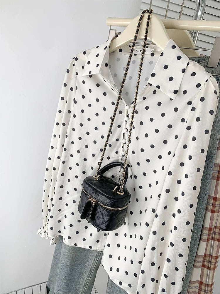High-end V-neck polka dot print shirt, feminine, light and mature acetate satin long-sleeved top, spring and autumn retro shirt