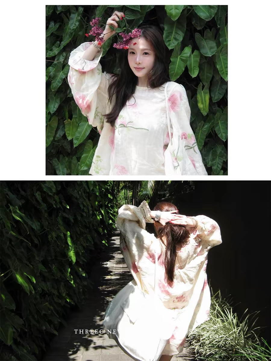 ThreeC "Peony" Heavy-Duty Embroidered Ramie Sunscreen Shirt for Women - Stylish Loose Fit