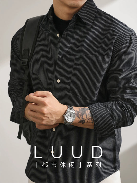 LUUD Yarn-dyed High-density Oxford Cotton Long-sleeved Shirt Men's Casual Retro Commuter Style Vertical Striped Shirt