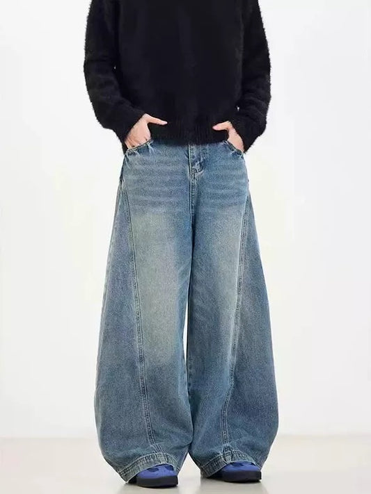 American retro blue jeans trousers for women summer washed distressed loose wide-leg pants mopping pants straight pants