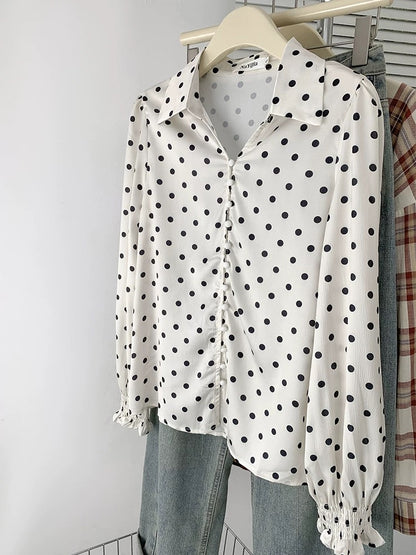 High-end V-neck polka dot print shirt, feminine, light and mature acetate satin long-sleeved top, spring and autumn retro shirt