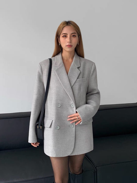 NEVA HU black woolen suit jacket women's short 2024 autumn new loose casual temperament coat