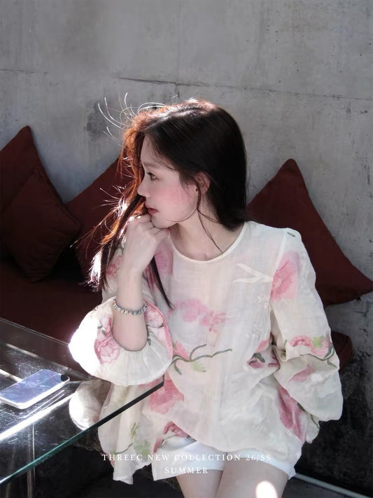 ThreeC "Peony" Heavy-Duty Embroidered Ramie Sunscreen Shirt for Women - Stylish Loose Fit