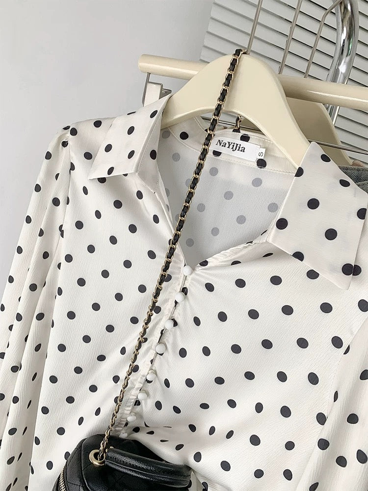 High-end V-neck polka dot print shirt, feminine, light and mature acetate satin long-sleeved top, spring and autumn retro shirt