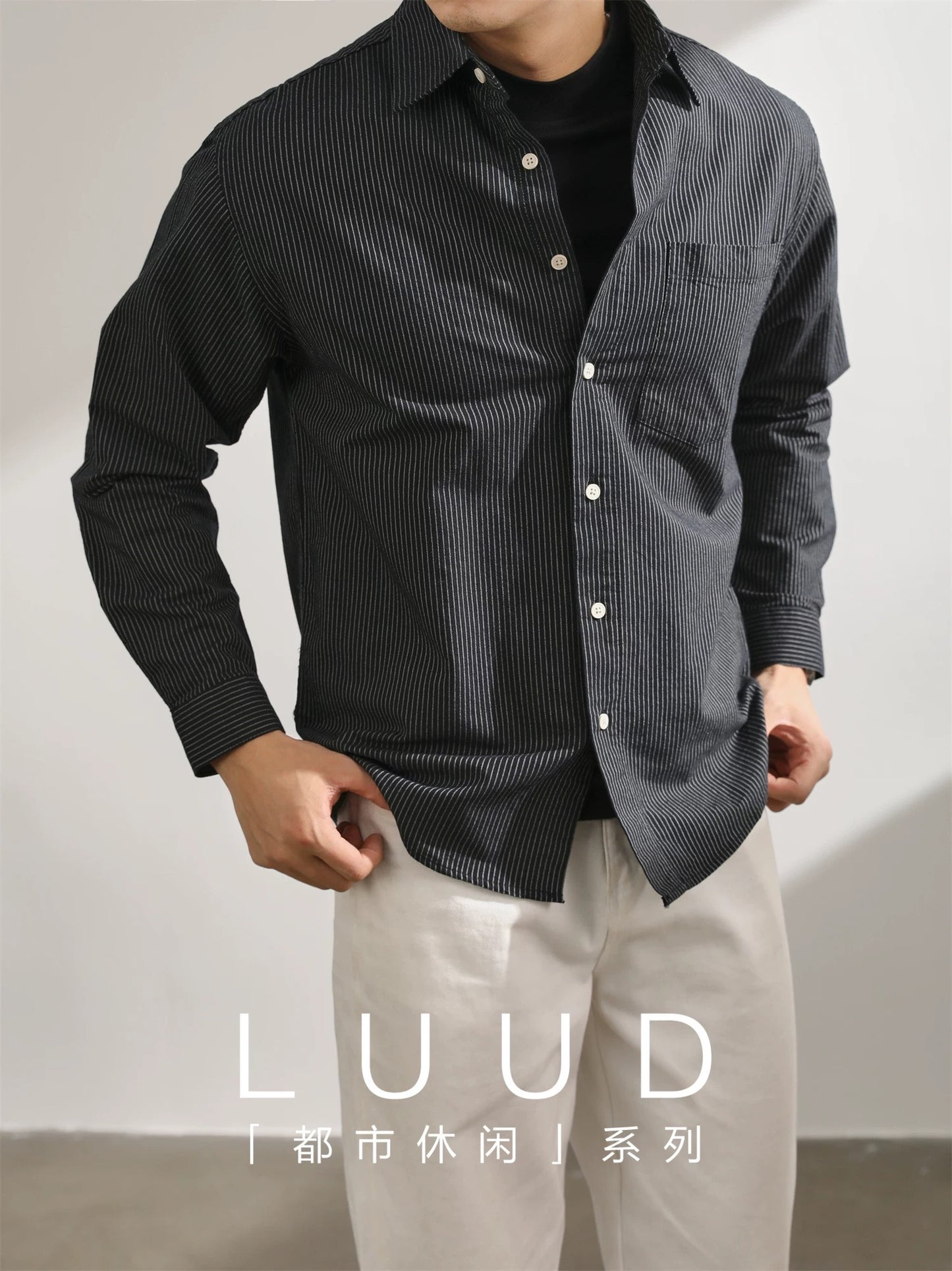 LUUD Yarn-dyed High-density Oxford Cotton Long-sleeved Shirt Men's Casual Retro Commuter Style Vertical Striped Shirt