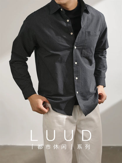 LUUD Yarn-dyed High-density Oxford Cotton Long-sleeved Shirt Men's Casual Retro Commuter Style Vertical Striped Shirt