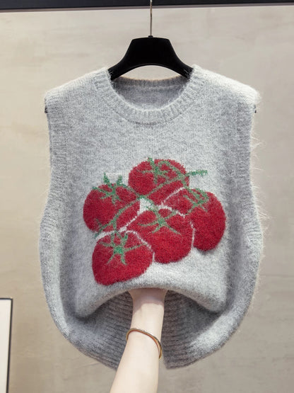 Round neck jacquard knitted vest for women, 2025 autumn and winter new style, loose fit, suitable for layering with sweaters, trendy.