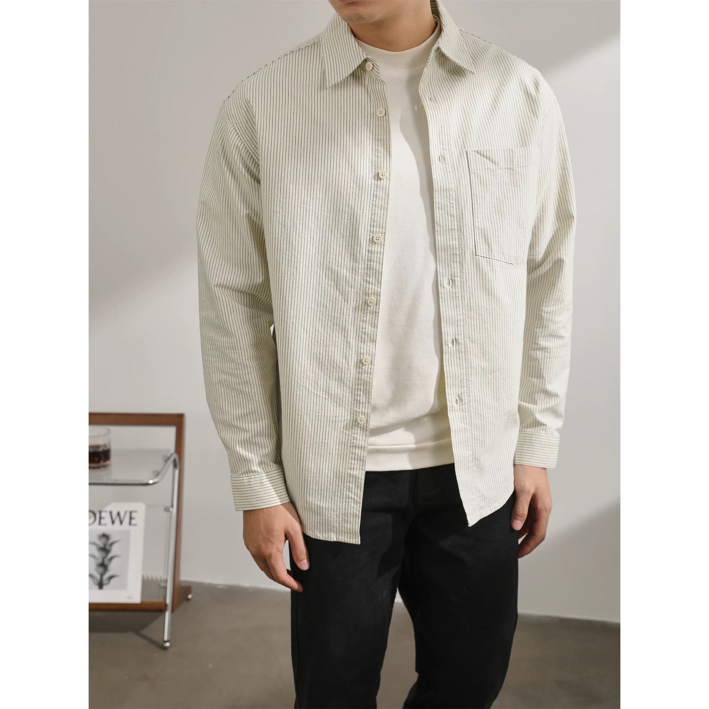 LUUD Yarn-dyed High-density Oxford Cotton Long-sleeved Shirt Men's Casual Retro Commuter Style Vertical Striped Shirt