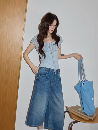 Chaochao's new arrivals on May 21st: Blue washed embroidered denim jeans for women, 2026 summer casual cropped straight leg shorts.