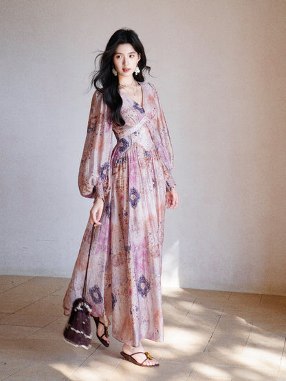 Send a letter "Wild Narrative" Bohemian Tencel Linen Print V-Neck Slim Waist Dress Nomadic Wave Style Dress