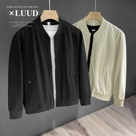 LUUD handsome pilot solid color baseball collar jacket men's solid color simple top zipper casual short coat