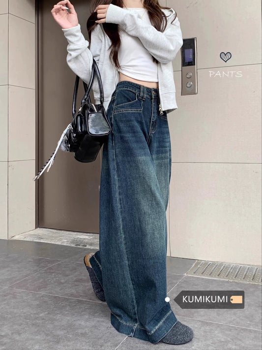 Kumikumi Hong Kong style retro washed flared jeans for women spring high waist loose straight pants wide leg pants trousers