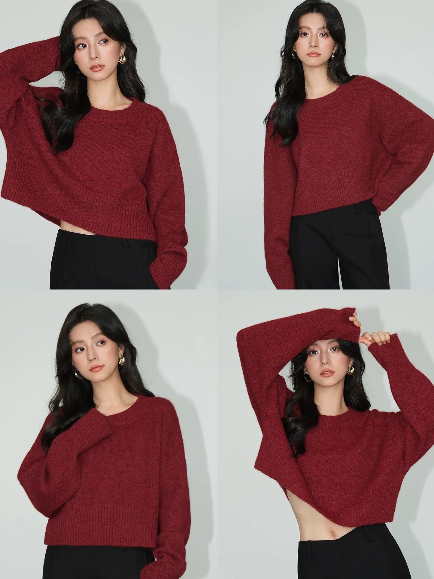 NEVA HU gray short sweater women's loose outer wear 2024 autumn and winter new versatile pullover knitted top