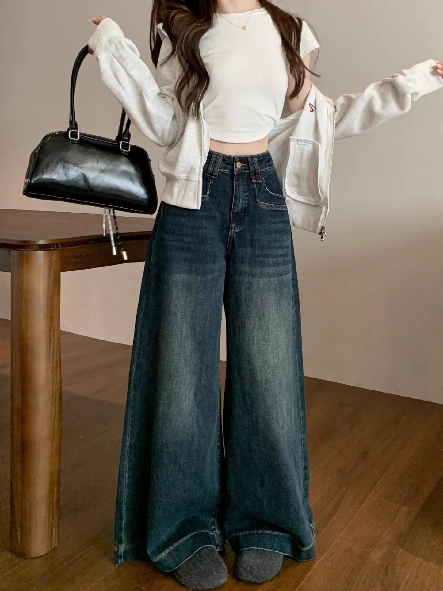 Kumikumi Hong Kong style retro washed flared jeans for women spring high waist loose straight pants wide leg pants trousers