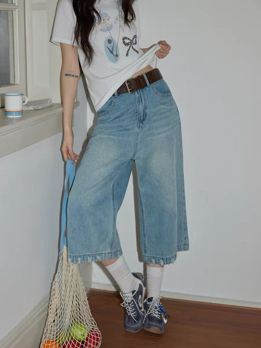 Chaochao's Blue Washed Wide-Leg Cropped Jeans for Women, Thin Style, Summer 2026, High Waist, Loose Fit, Straight Leg, Mid-Length Pants