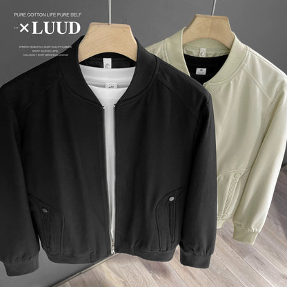 LUUD handsome pilot solid color baseball collar jacket men's solid color simple top zipper casual short coat
