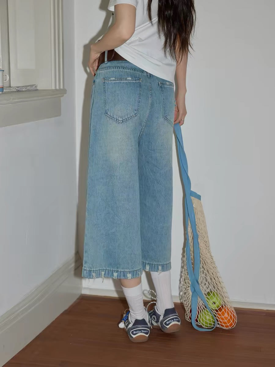 Chaochao's Blue Washed Wide-Leg Cropped Jeans for Women, Thin Style, Summer 2026, High Waist, Loose Fit, Straight Leg, Mid-Length Pants