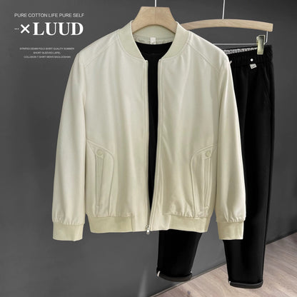 LUUD handsome pilot solid color baseball collar jacket men's solid color simple top zipper casual short coat