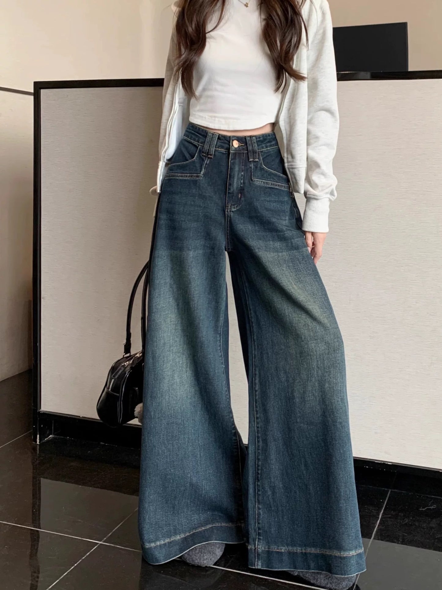 Kumikumi Hong Kong style retro washed flared jeans for women spring high waist loose straight pants wide leg pants trousers