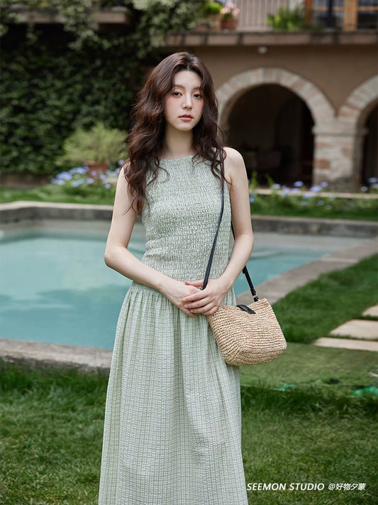Ximeng 2025 new summer Korean slim temperament skirt small unique sleeveless green plaid dress female